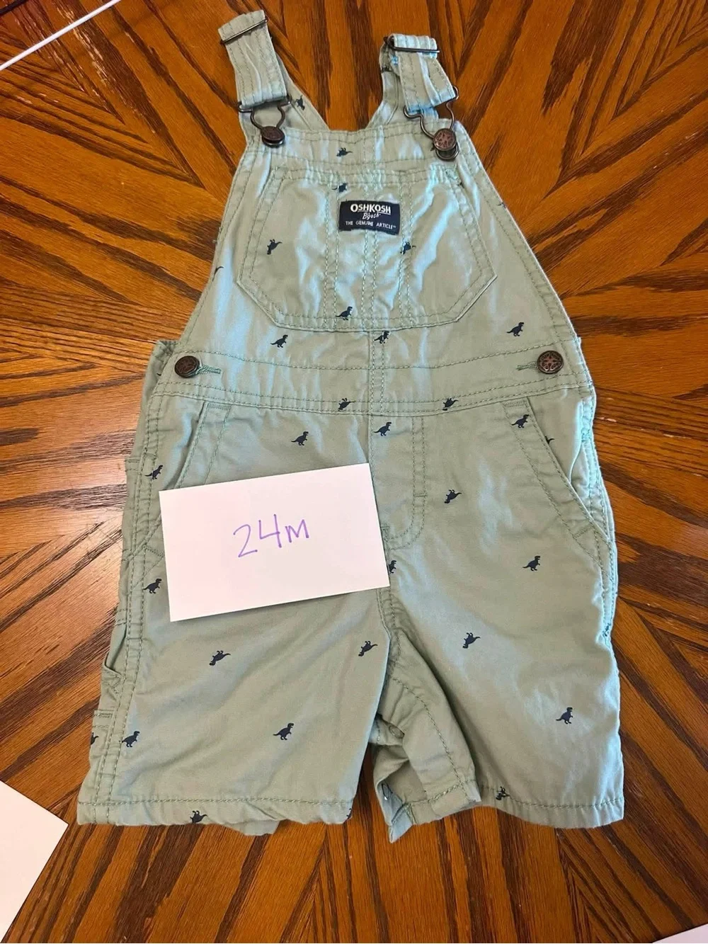 OshKosh B'gosh Sage Green Short Overalls with Navy Dino Print